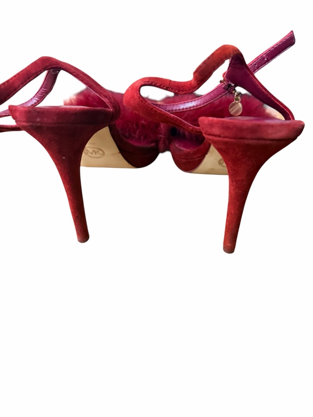 Michael Kors Red Suede Fur-Trim Stiletto Sandals - Picture 4 of 6